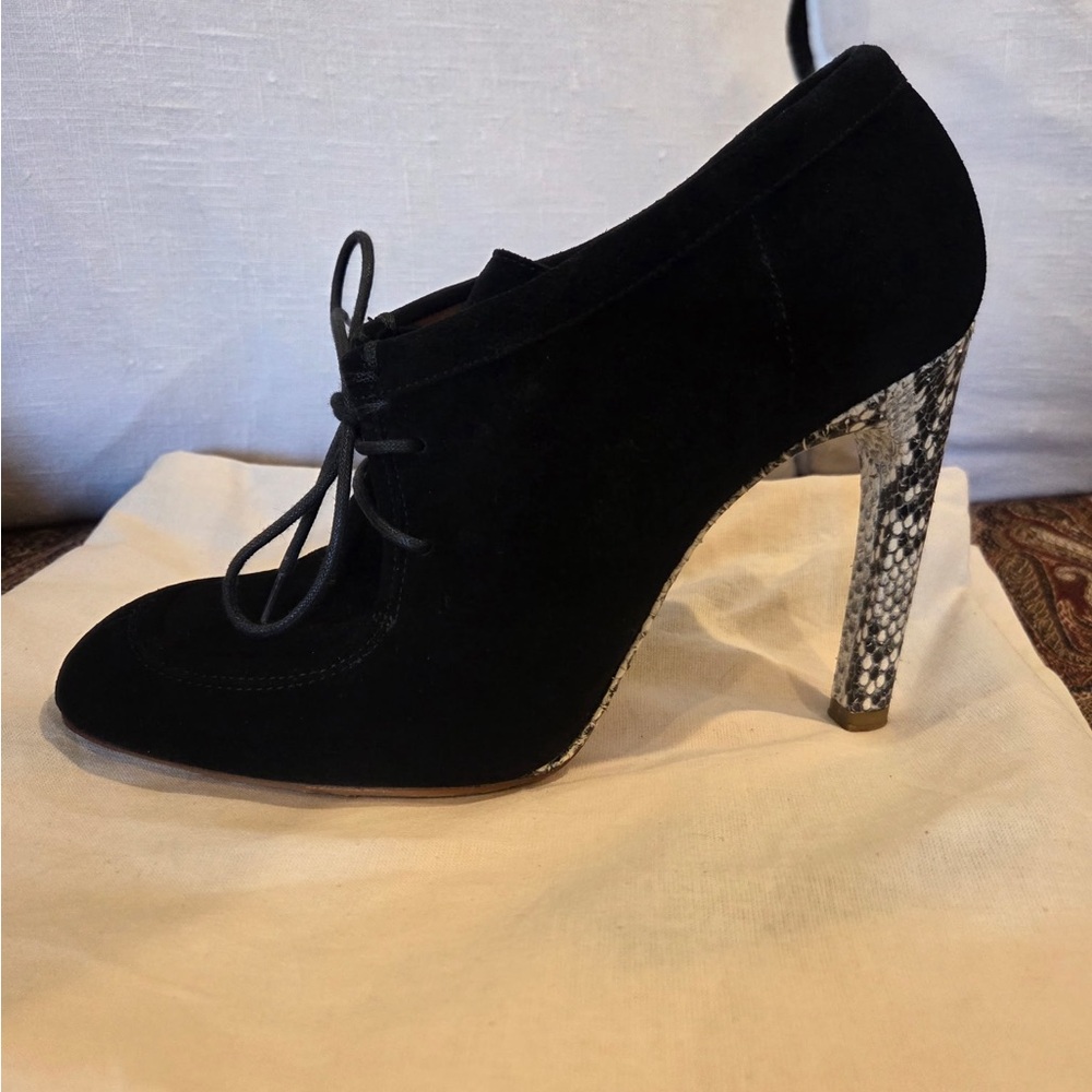 Dries Van Noten Black Suede Lace-Up Heels with snakeskin color heels